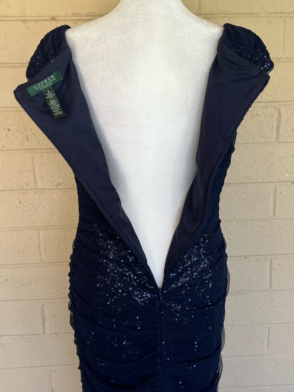 Ralph Lauren Sequin Dress w/ ruched tulle overlay. Cape sleeves. Navy blue. 6-8 - Picture 11 of 16